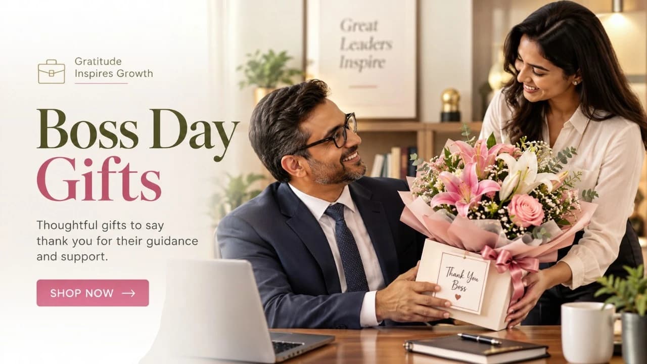 Picture representing an employee greeting the boss with flowers from BetterGiftFlowers™ on Boss Day