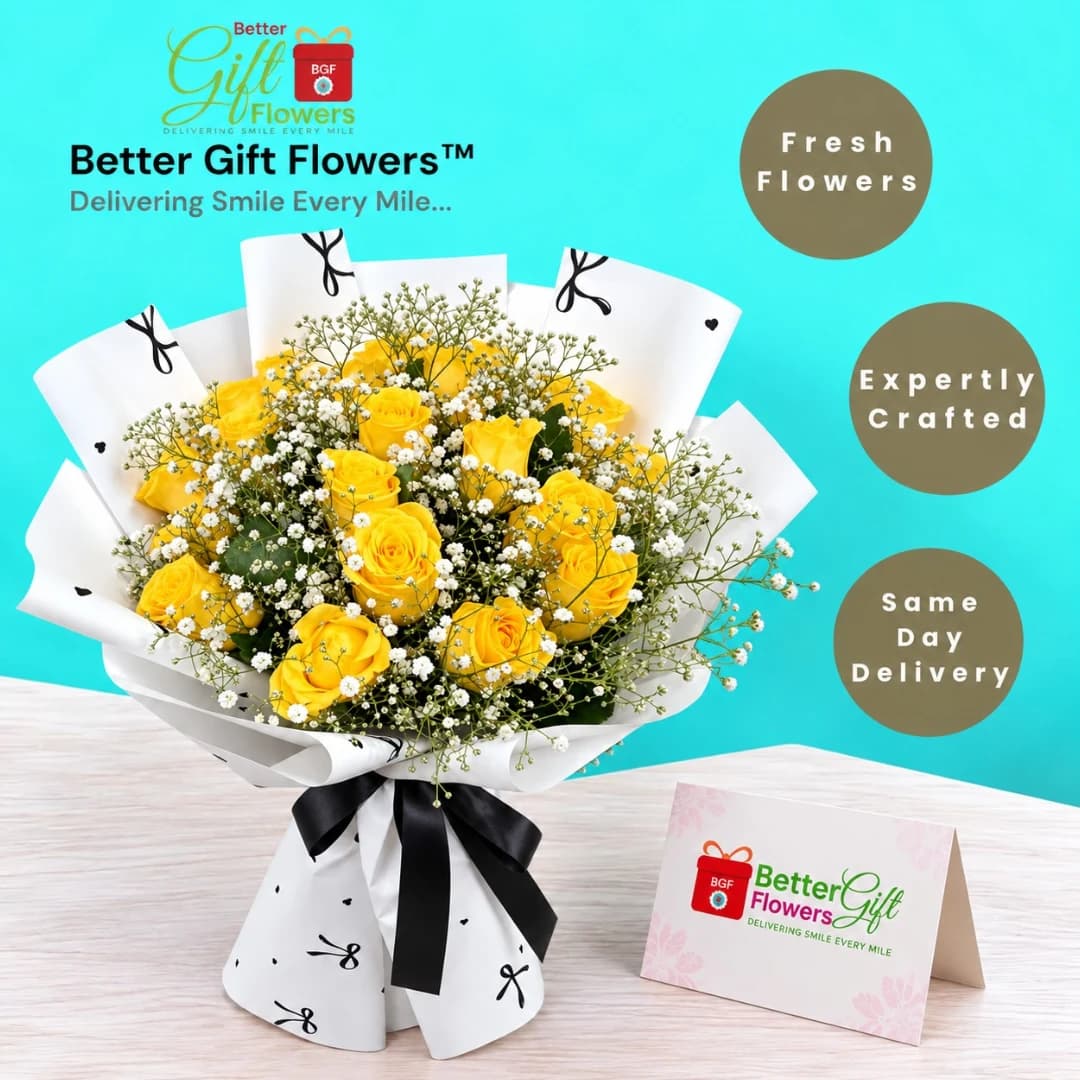 Yellow rose and baby’s breath bouquet with elegant black-and-white wrapping and BetterGiftFlowers™ branding