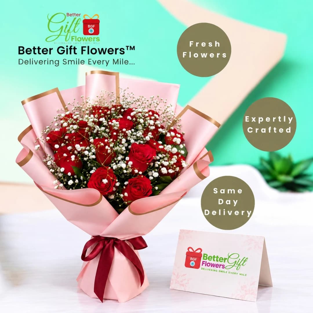 Red rose bouquet with baby’s breath, pink wrapping and red ribbon for same-day delivery