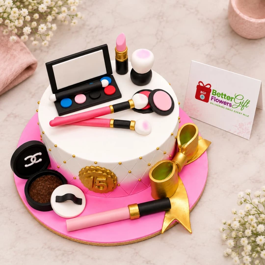 Top view of makeup themed cake with lipstick, brushes and cosmetic palette