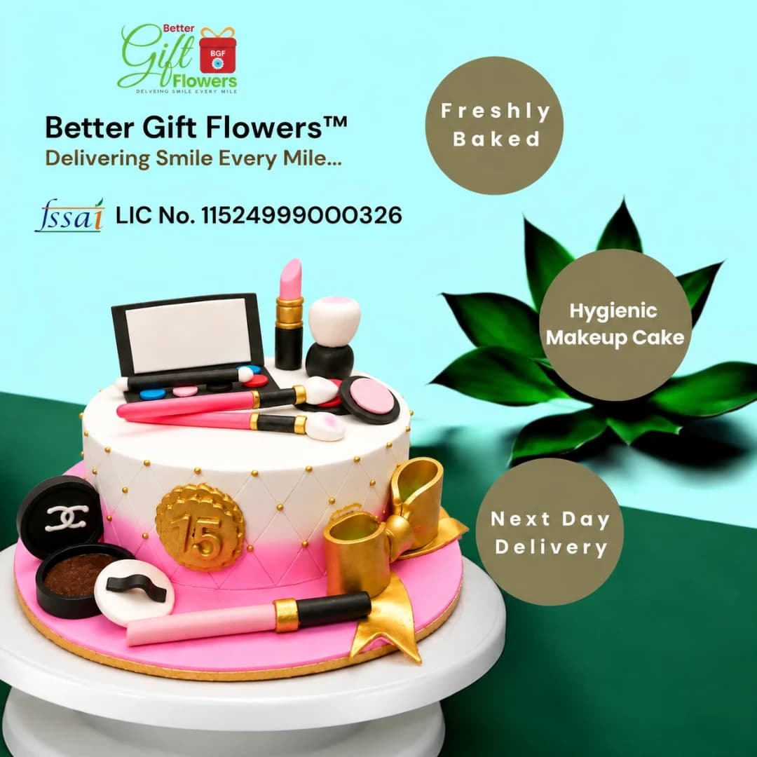 Makeup theme cake with fondant cosmetics and birthday decorations