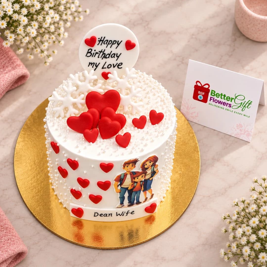 Top view of romantic birthday cake with red hearts and pearl decorations