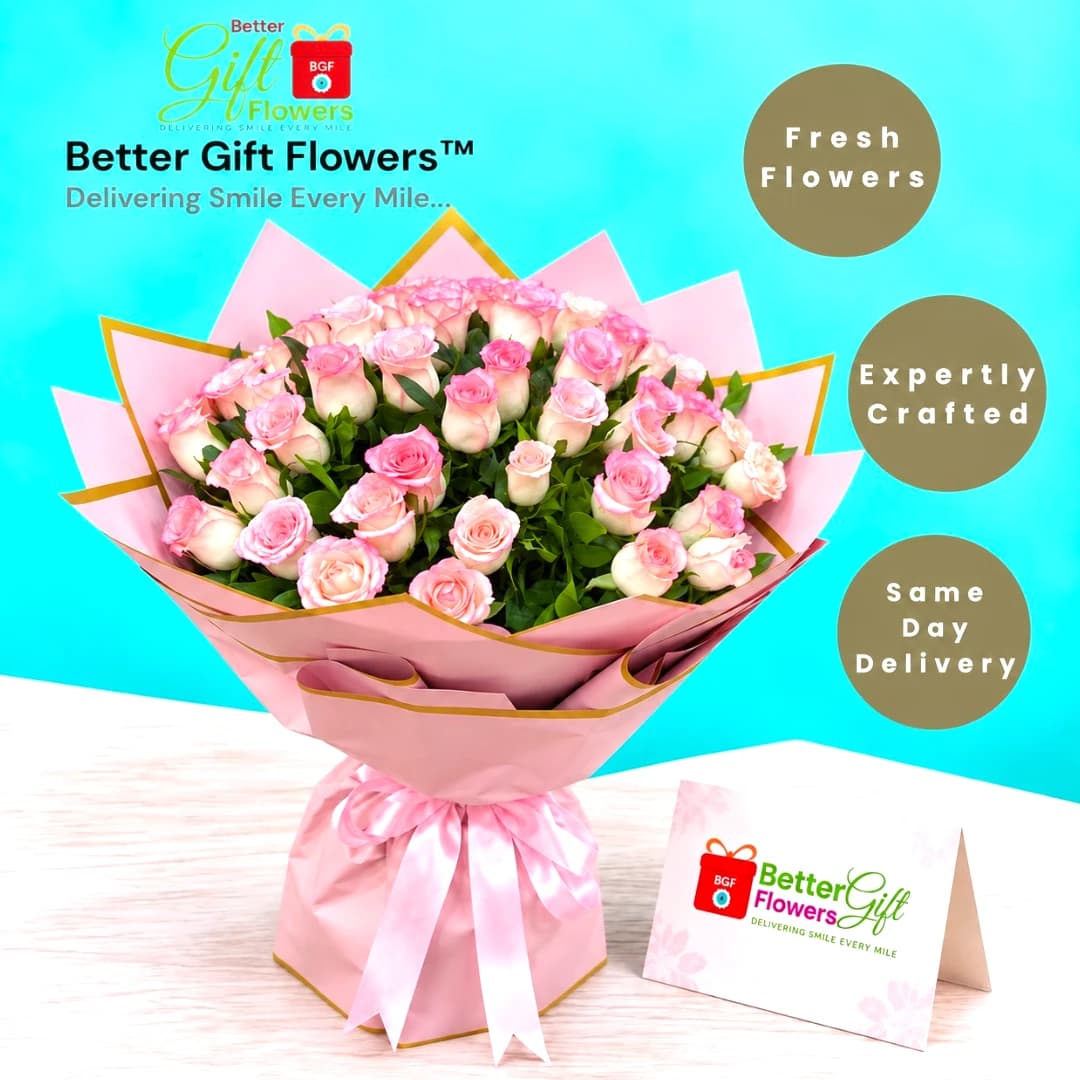 Pink rose bouquet with fresh flowers and elegant gift wrapping