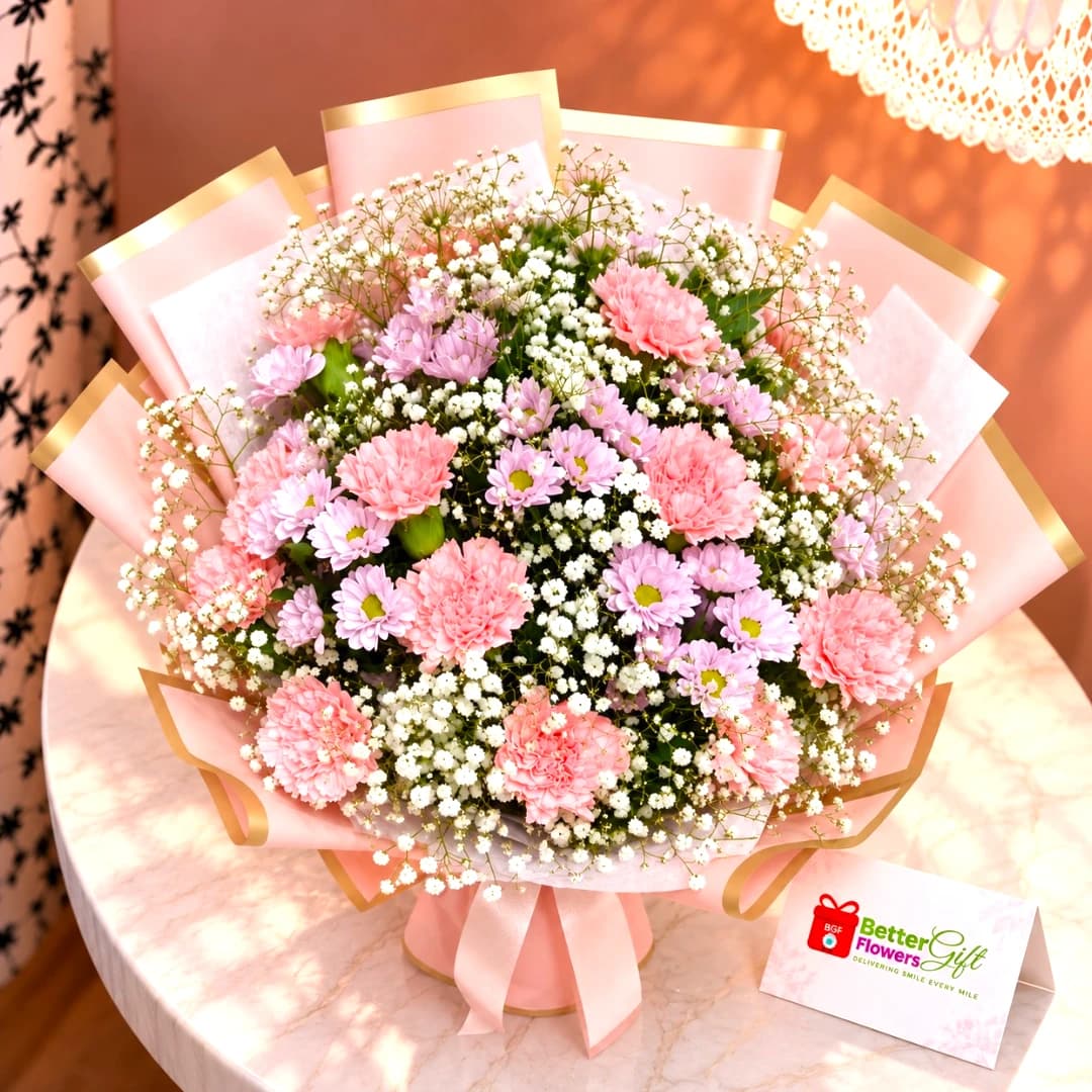 Close-up of pink carnations and lavender chrysanthemums bouquet