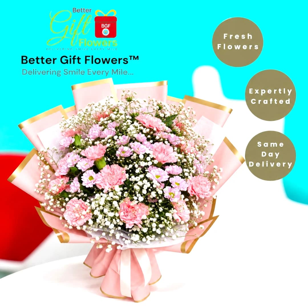 Pink and lavender flower bouquet with elegant wrapping and ribbon