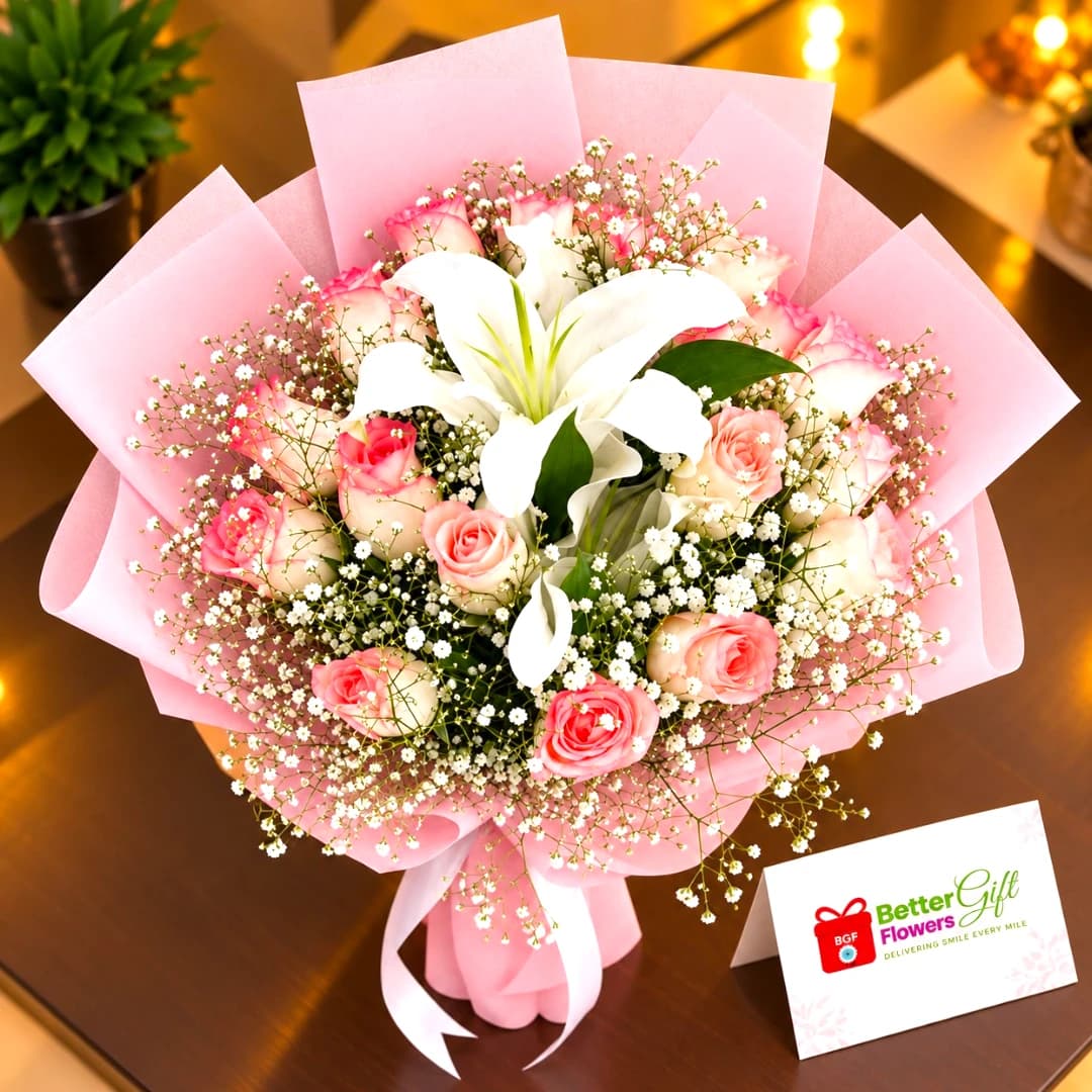 Close-up of pink roses and white lily flower bouquet with baby's breath