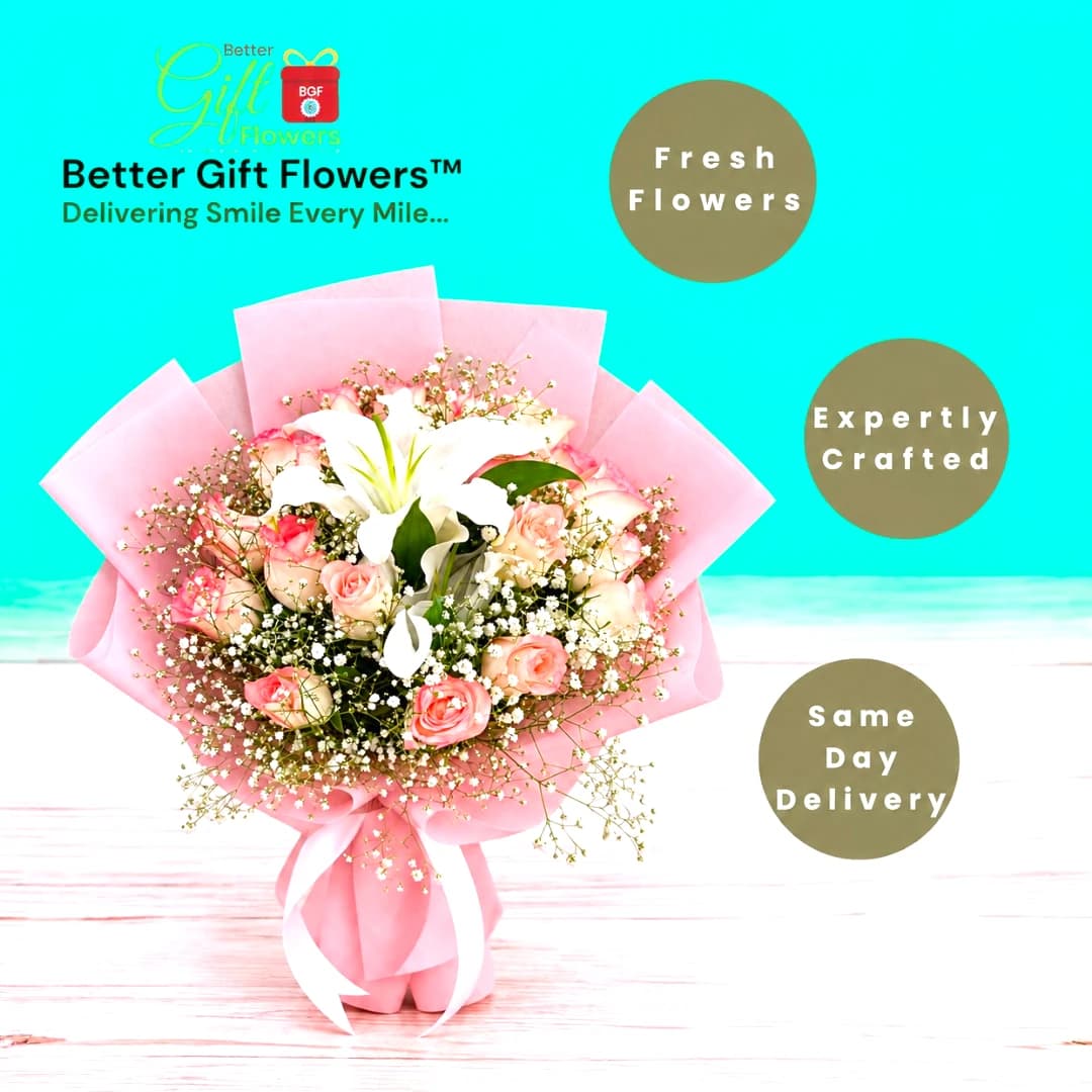 Pink rose and white lily bouquet with elegant pink wrapping for delivery
