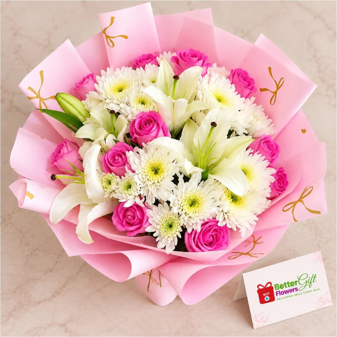 Close-up pink rose and white lily bouquet with chrysanthemums