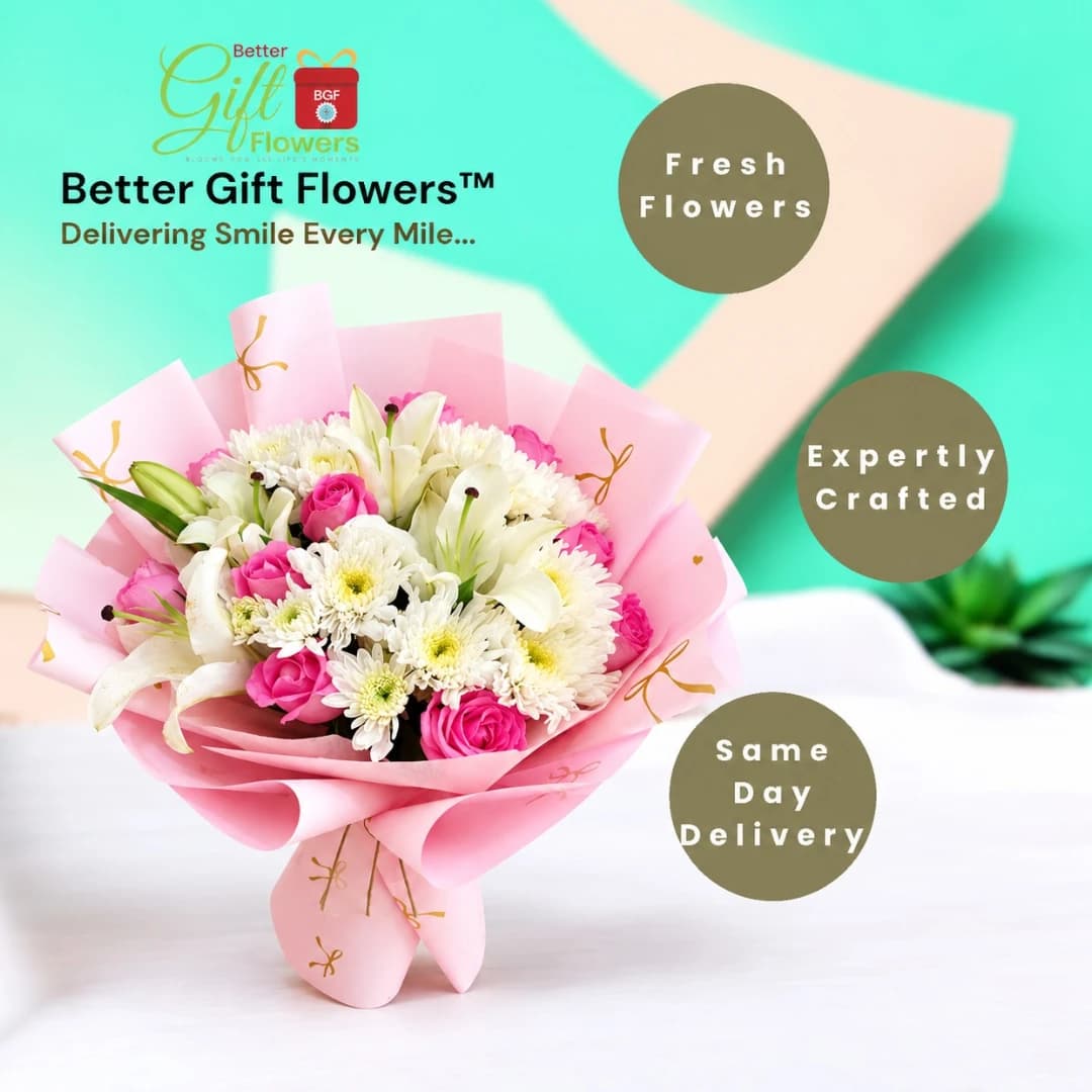 Pink rose and lily bouquet with chrysanthemums for same day delivery