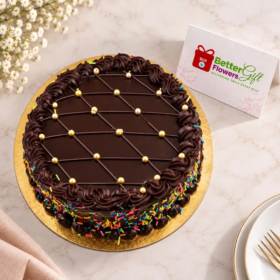 Top view of chocolate cake with colorful sprinkles and chocolate frosting