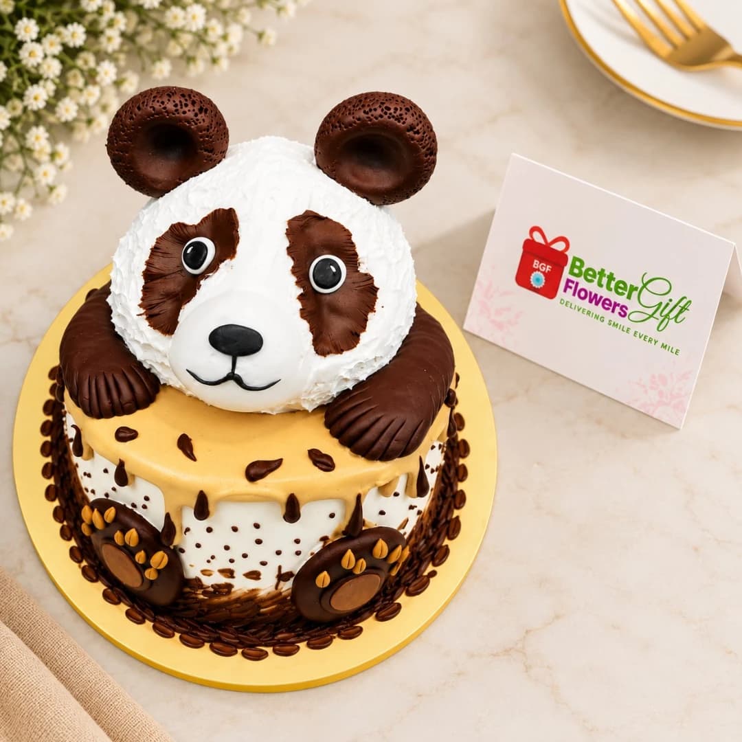Panda birthday cake with creamy frosting and chocolate decorations