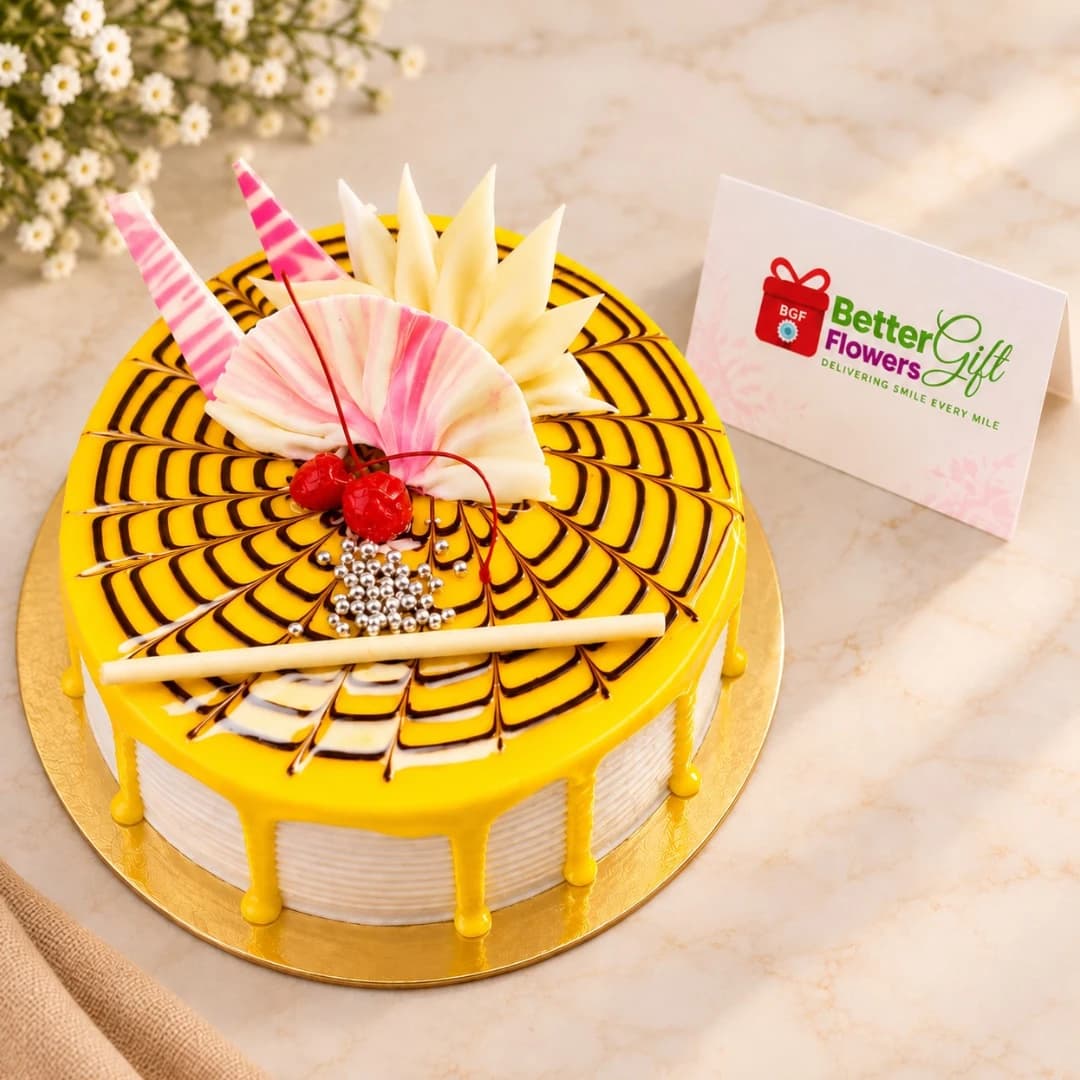 Pineapple cake with cream decoration, cherries and chocolate detailing