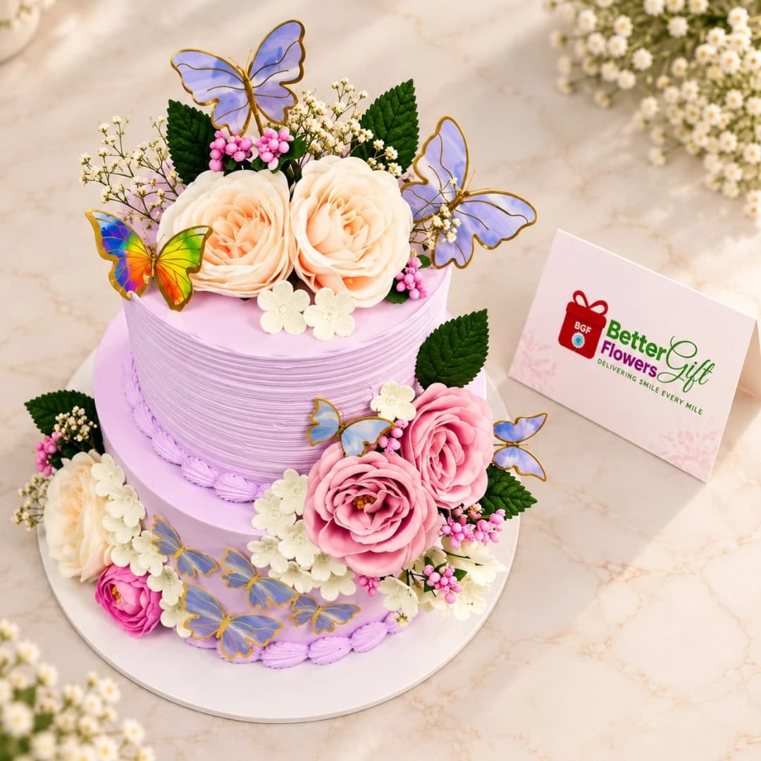 Butterfly floral designer cake with pastel flowers and lavender cream