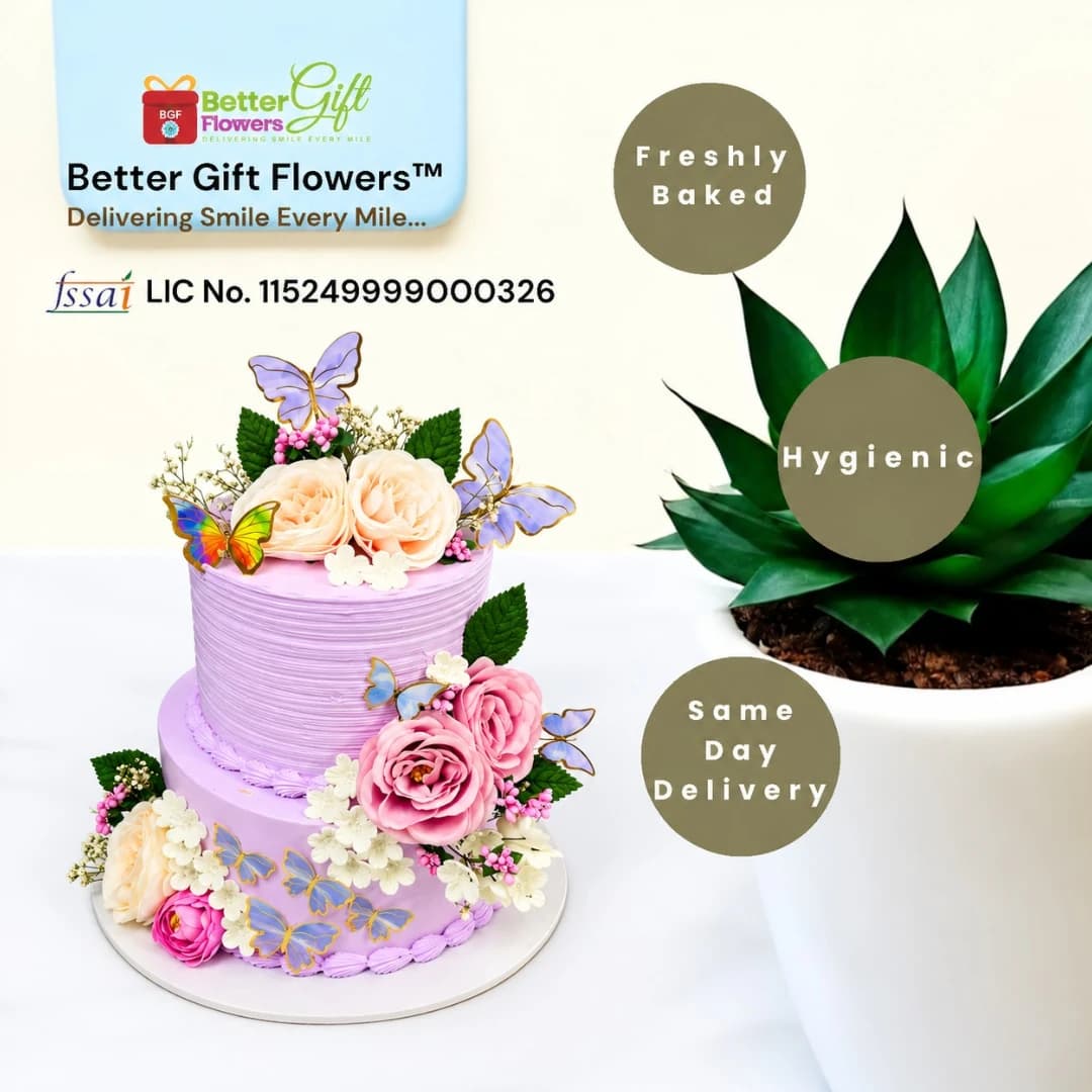 Two tier floral butterfly cake with freshly baked and same day delivery highlights