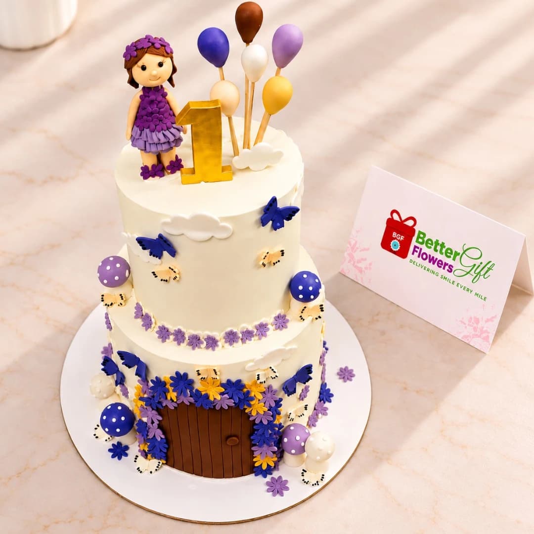 Two tier fairy garden birthday cake with colorful flowers and butterfly decorations