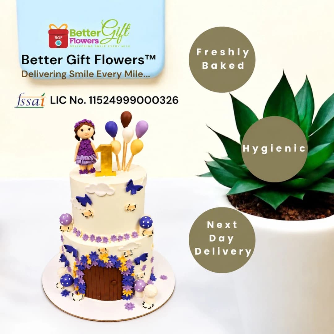 Fairy garden 1st birthday cake with girl topper and next day delivery