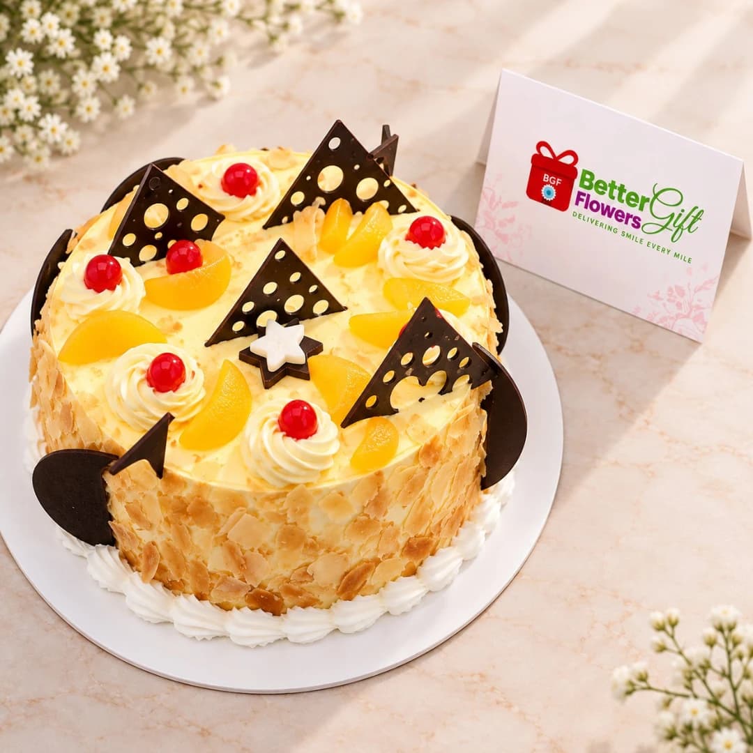 Pineapple almond cake decorated with cherries, chocolate pieces and almond flakes