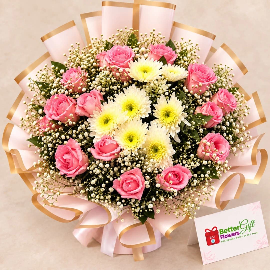 Pink rose and chrysanthemum bouquet in pink and gold wrapping