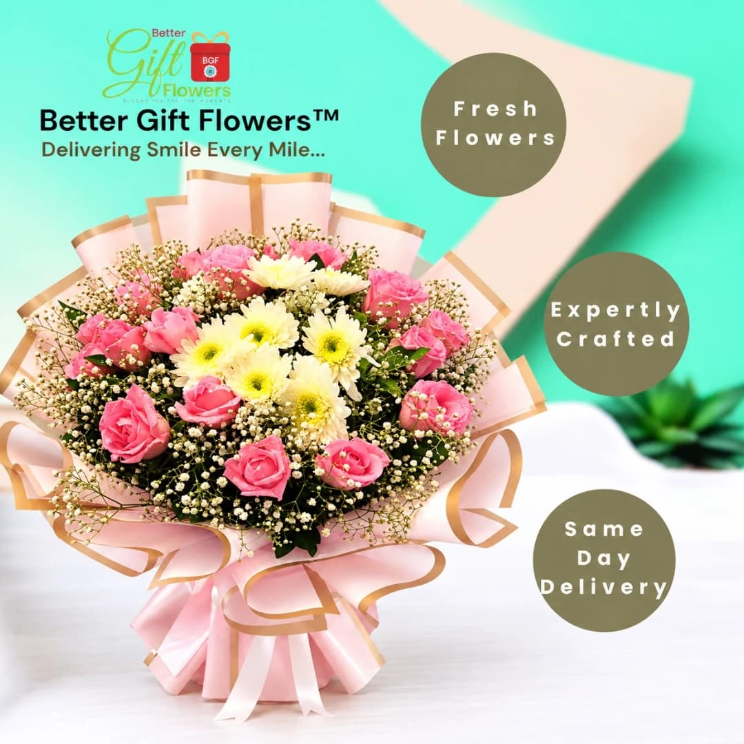 Pink rose bouquet with white chrysanthemums and same day delivery