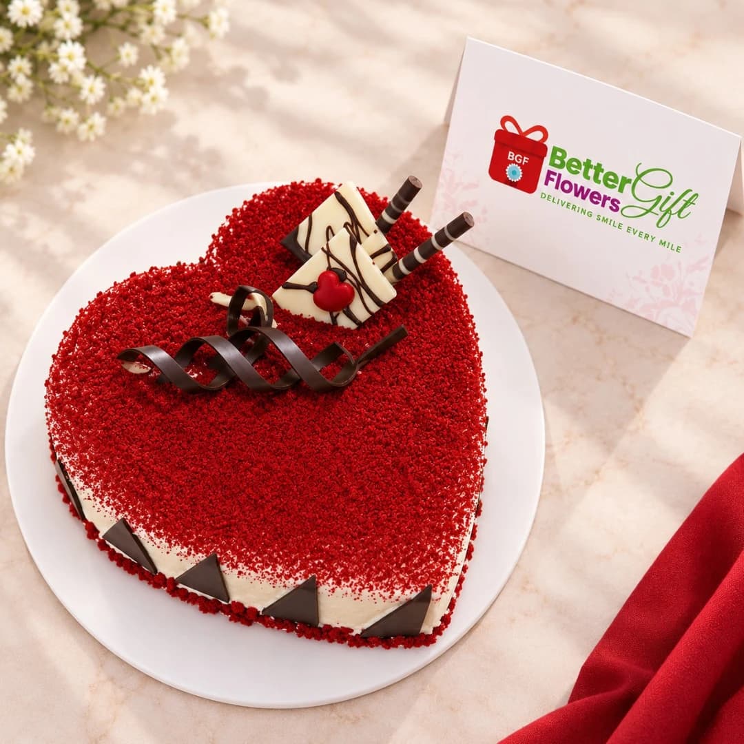 Heart shaped red velvet cake with cream frosting, red velvet crumbs and chocolate decorations on top