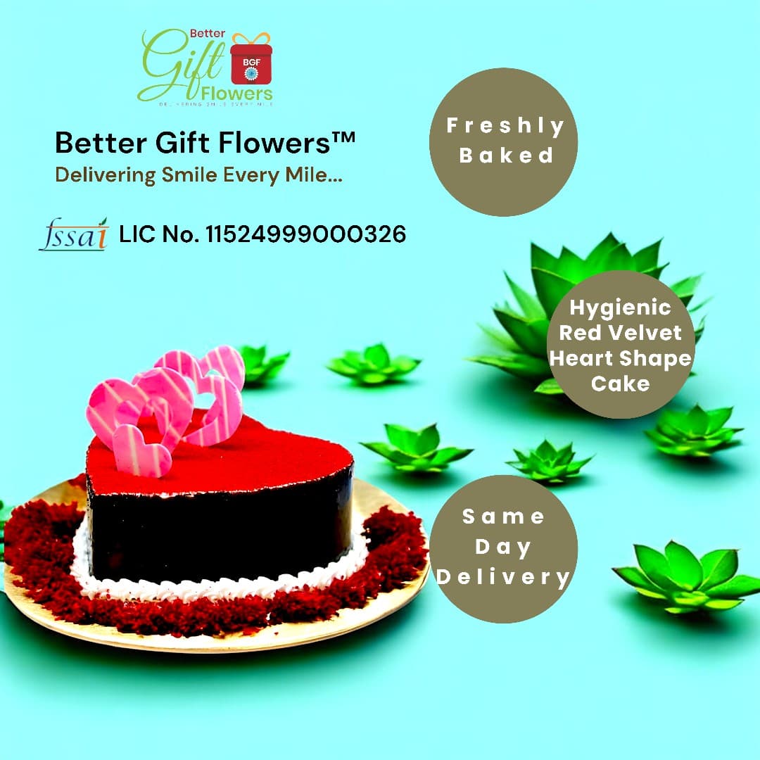 Red velvet heart shape cake with pink chocolate hearts and same day delivery