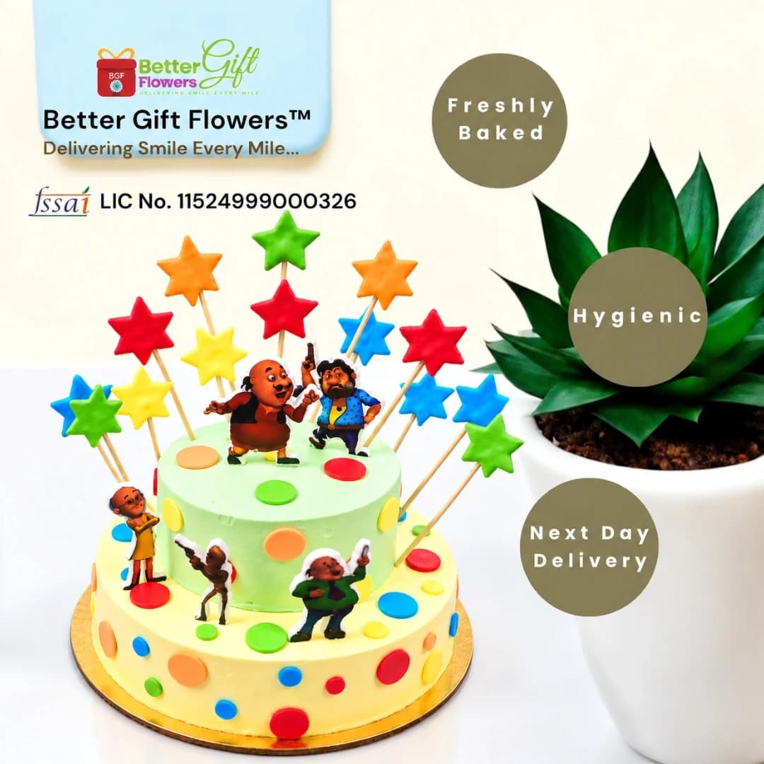 Motu Patlu themed birthday cake with colorful decorations and character toppers