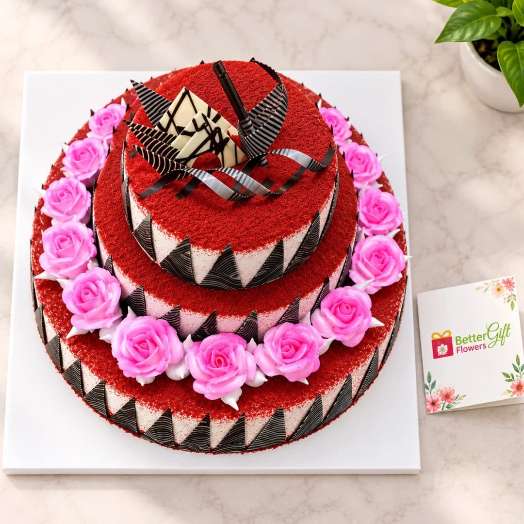Three-tier Red Velvet cake with pink rose decorations and chocolate accents viewed from above