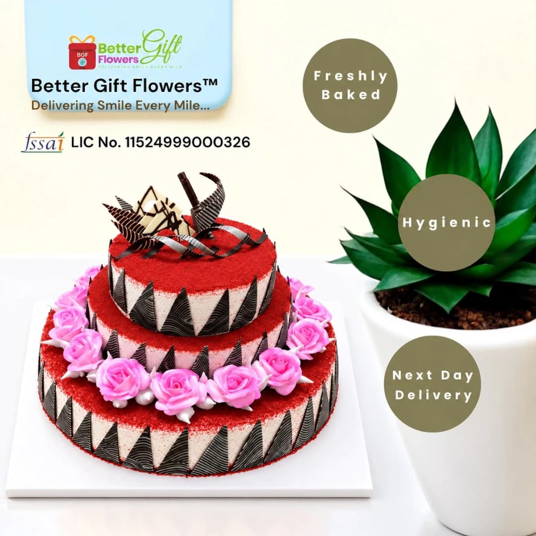 Red Velvet three-tier celebration cake with pink roses and chocolate decorations