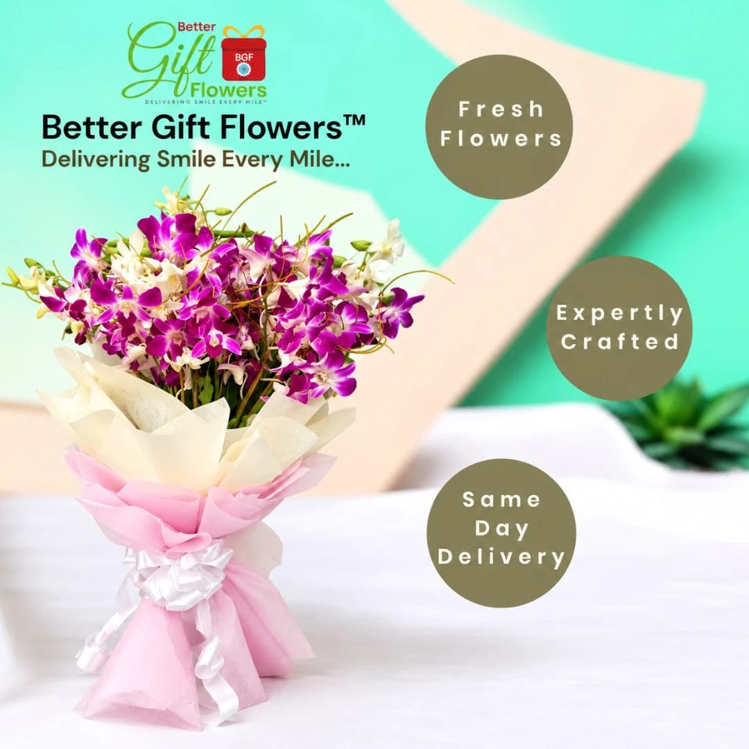 Purple and white orchid bouquet with Choco Chip Cake for gifting