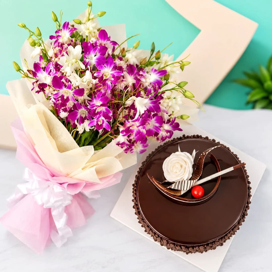 Choco Chip Cake and purple orchid bouquet arranged together as a gift combo