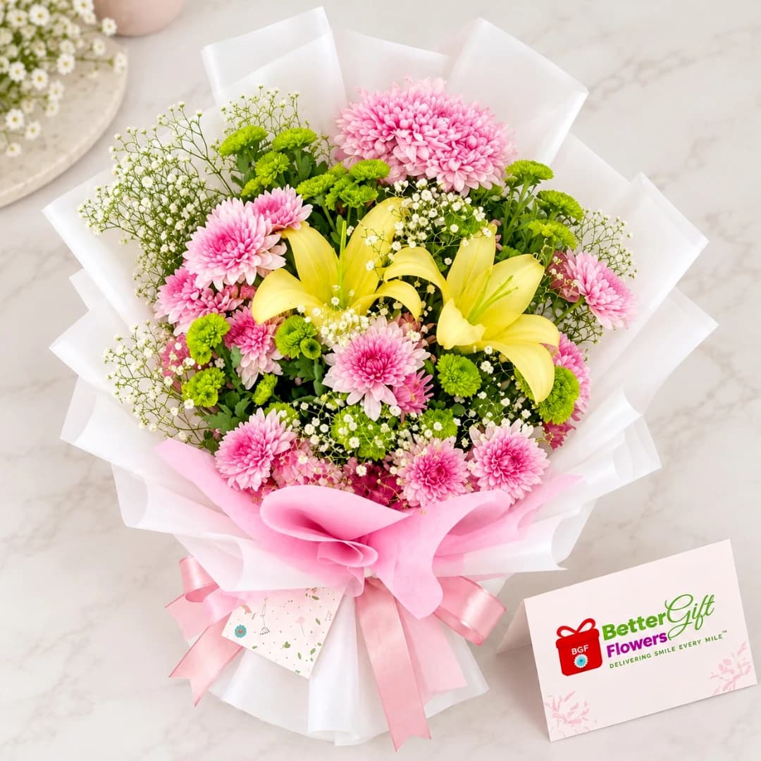 Top view of a pink chrysanthemum and yellow lily bouquet with green blooms and white filler flowers.
