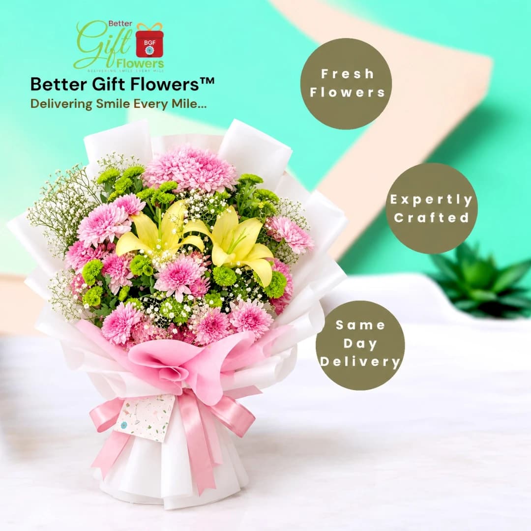 Pink chrysanthemum and yellow lily bouquet with elegant wrapping, displayed with BetterGiftFlowers branding and same-day delivery information.