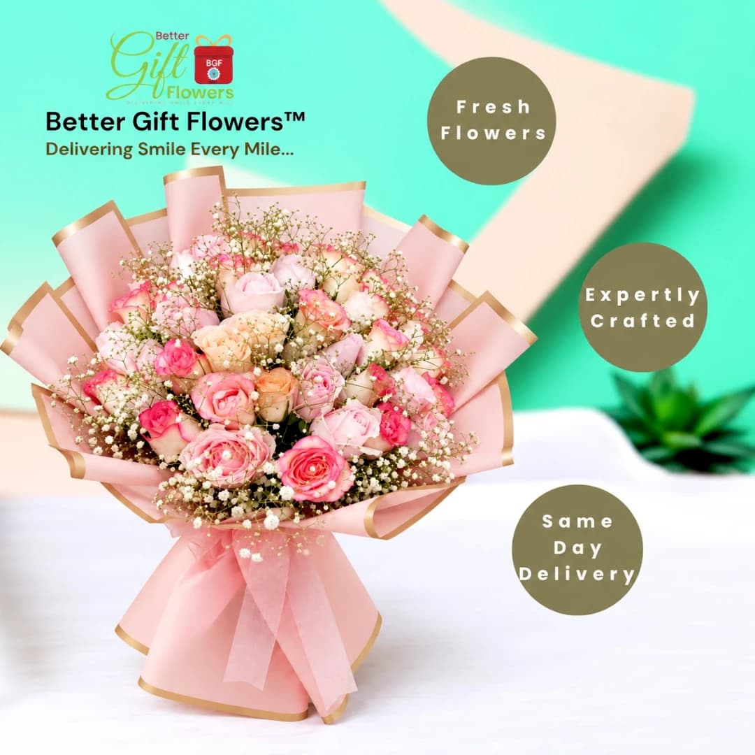 Pink rose mixed bouquet with premium pink and gold wrapping displayed with BetterGiftFlowers branding and same-day delivery information.