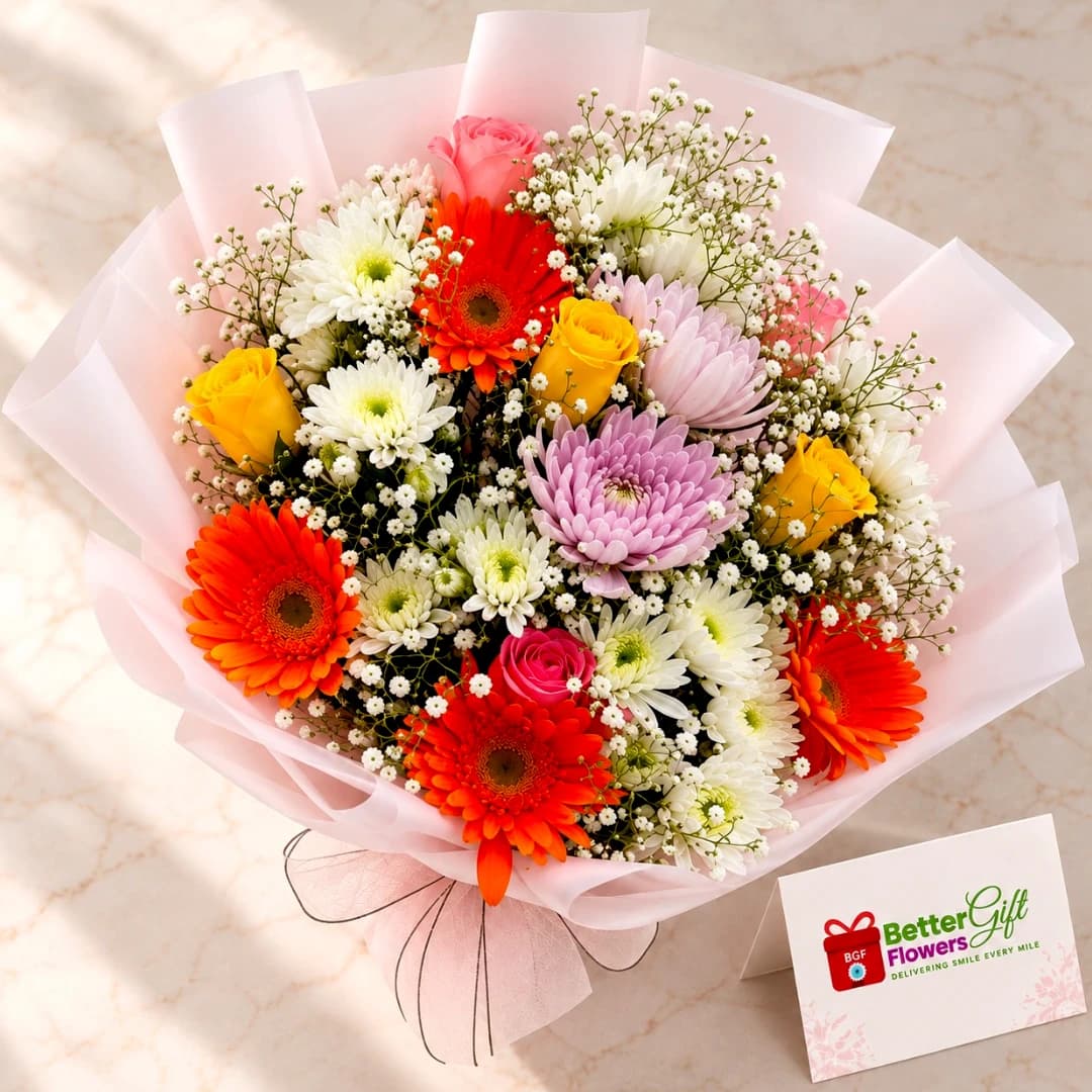 Close-up of a colourful gerbera and rose bouquet with white and lavender chrysanthemums and delicate baby's breath.
