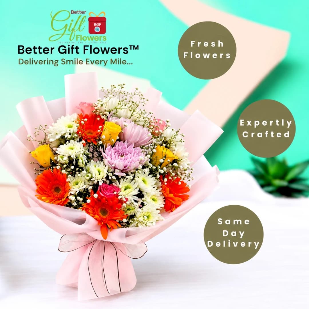 Mixed gerbera and rose bouquet in pink wrapping with BetterGiftFlowers branding and same-day delivery information.