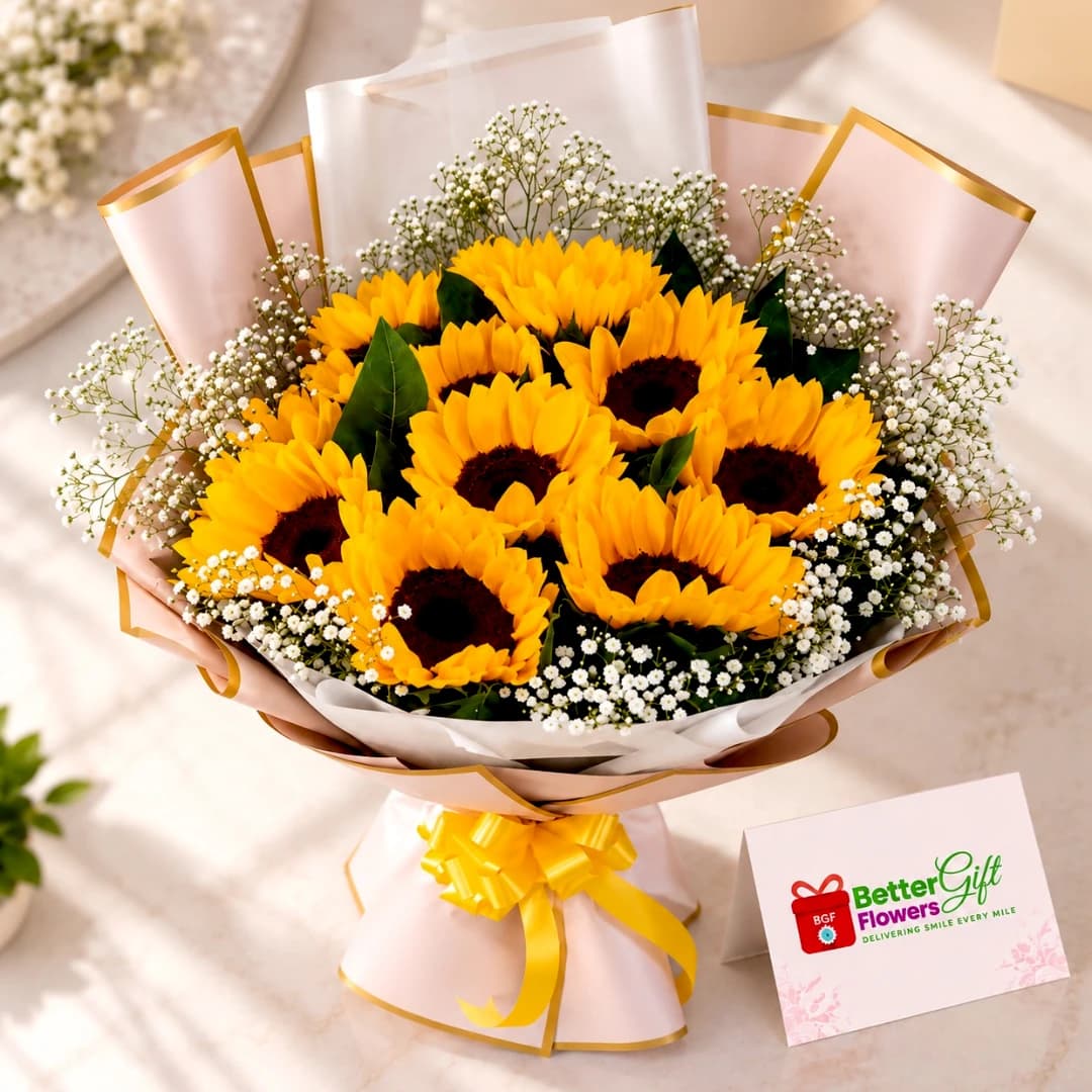 Close-up of a yellow sunflower bouquet accented with white baby's breath and a yellow ribbon, arranged in elegant pink wrapping.