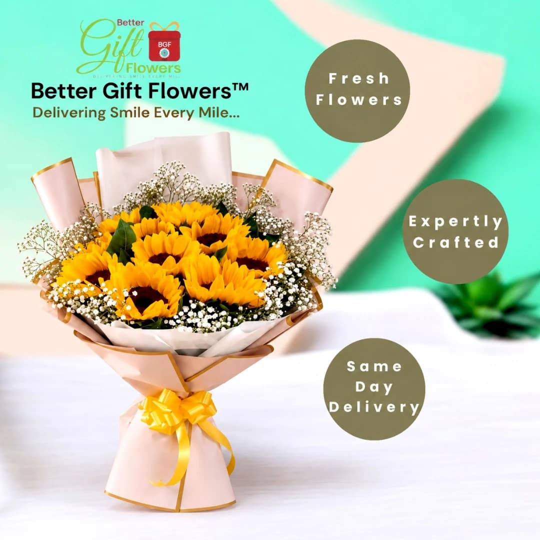 Sunshine sunflower bouquet in pink and gold wrapping with BetterGiftFlowers branding and same-day delivery information.