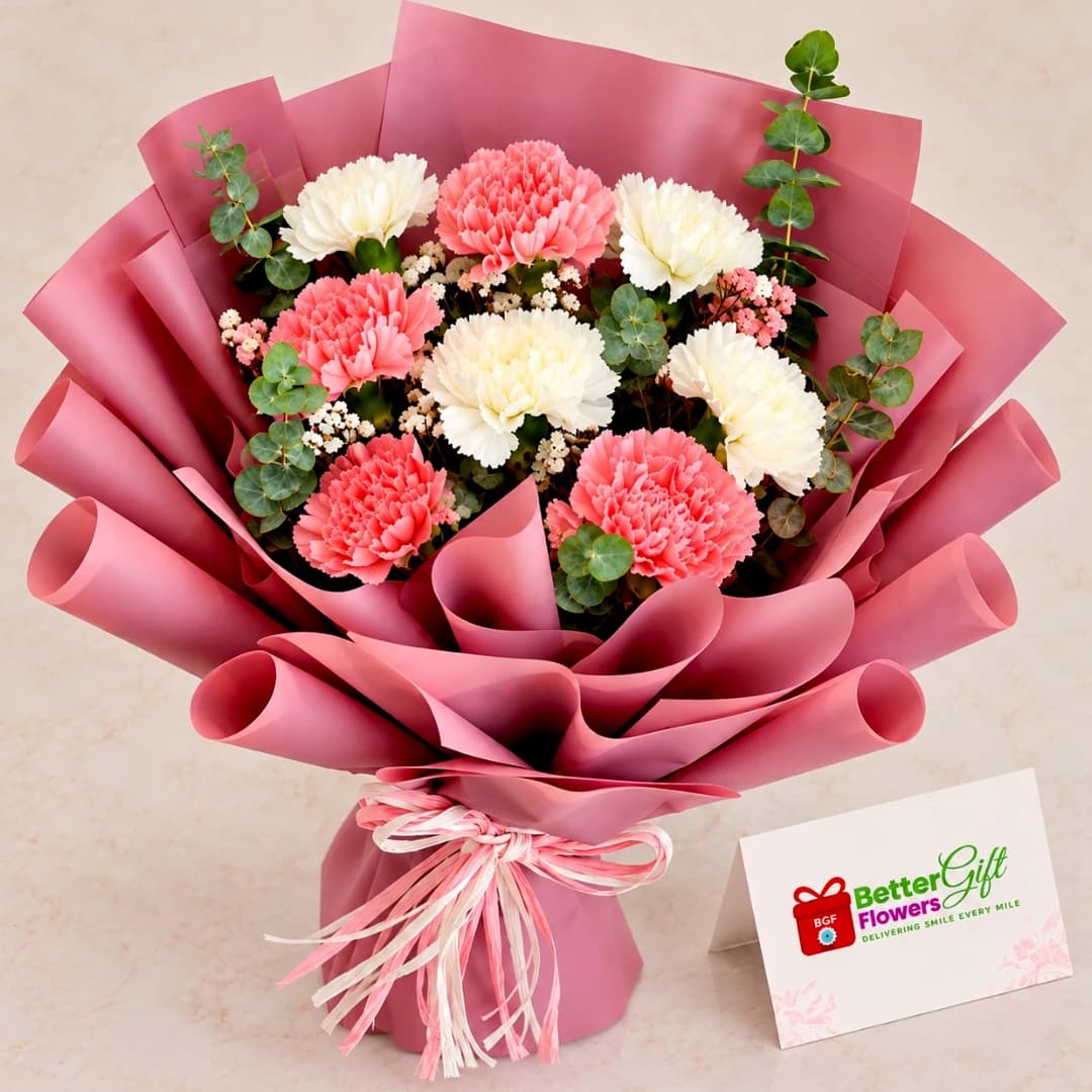 Close-up of pink and white carnations with green eucalyptus foliage and decorative pink ribbon.