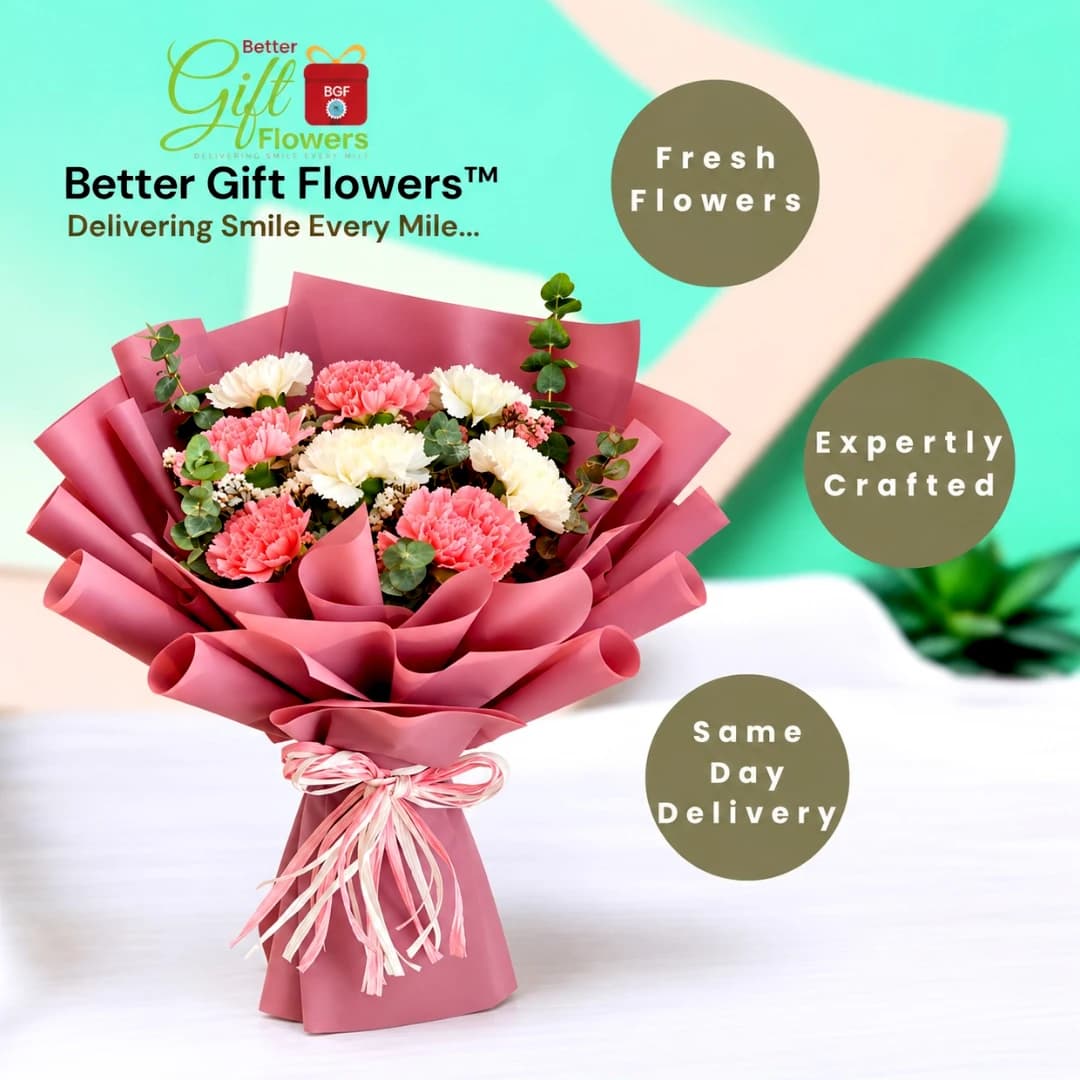 Pink and white carnation bouquet in elegant pink wrapping with BetterGiftFlowers branding and same-day delivery information.