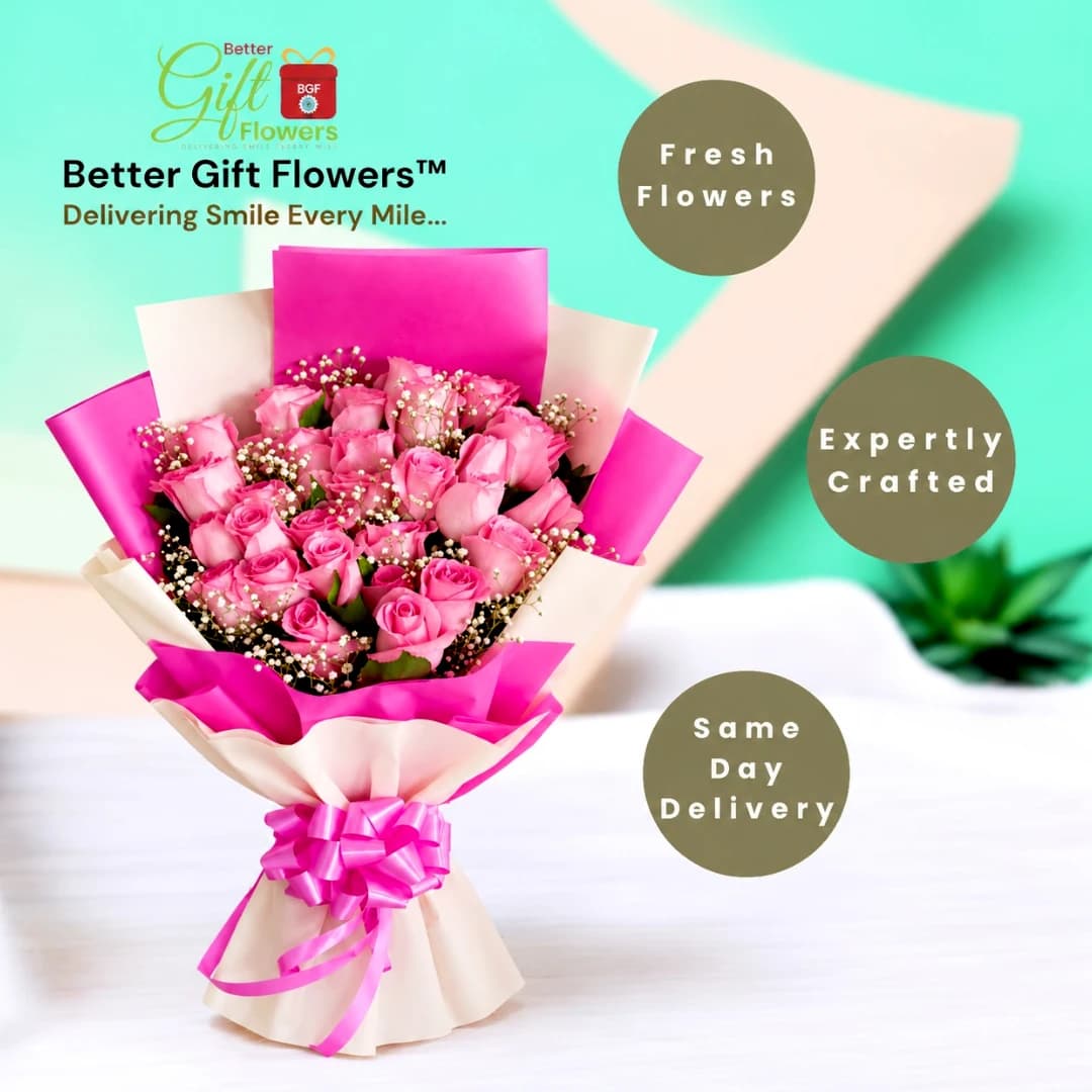 Pink rose bouquet with white filler flowers and pink satin bow, featuring BetterGiftFlowers branding and same-day delivery information.