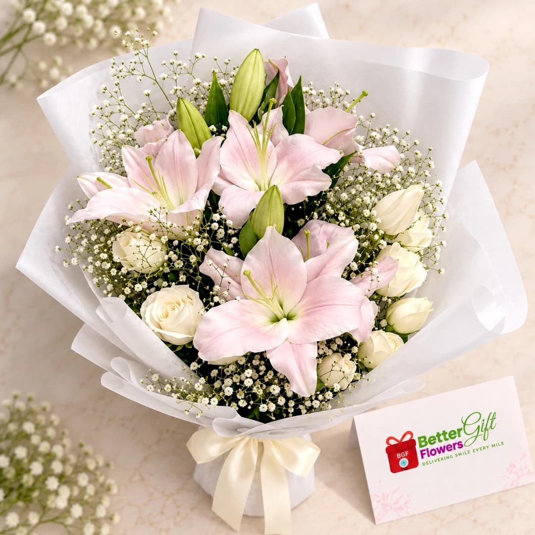 Close-up of soft pink lilies, white rose blooms and baby's breath in a premium white-wrapped bouquet.
