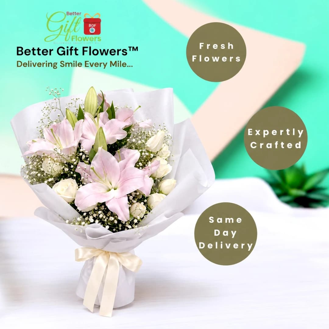 Pink lily and white rose bouquet with baby's breath and gold ribbon, featuring BetterGiftFlowers branding and same-day delivery information.