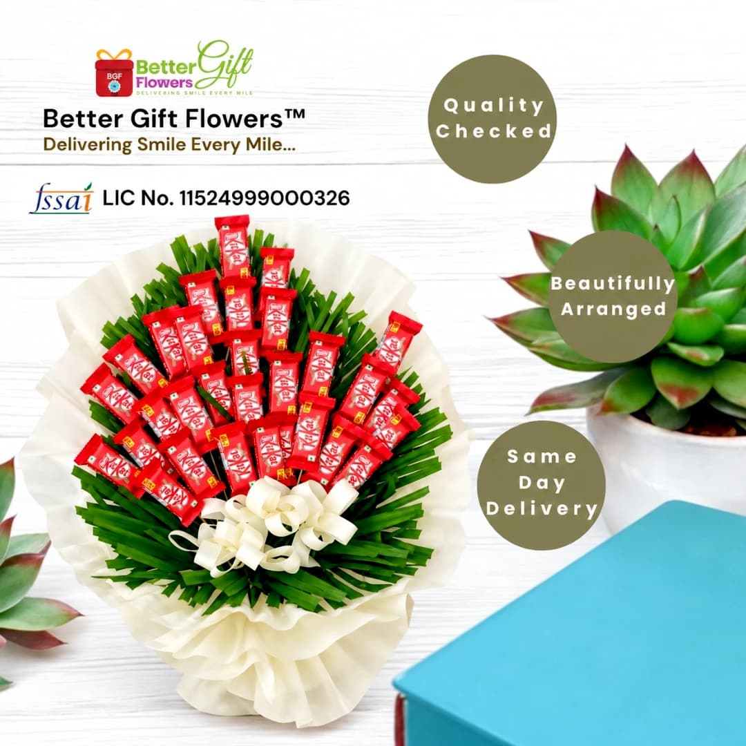 KitKat chocolate bouquet with white wrapping and green foliage, featuring BetterGiftFlowers branding and same-day delivery information.