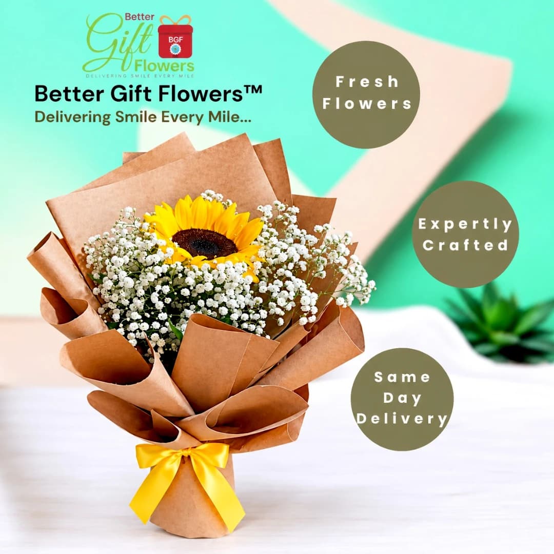 Sunflower and baby’s breath bouquet with brown wrapping and yellow ribbon, displayed with BetterGiftFlowers same-day delivery promotional design.