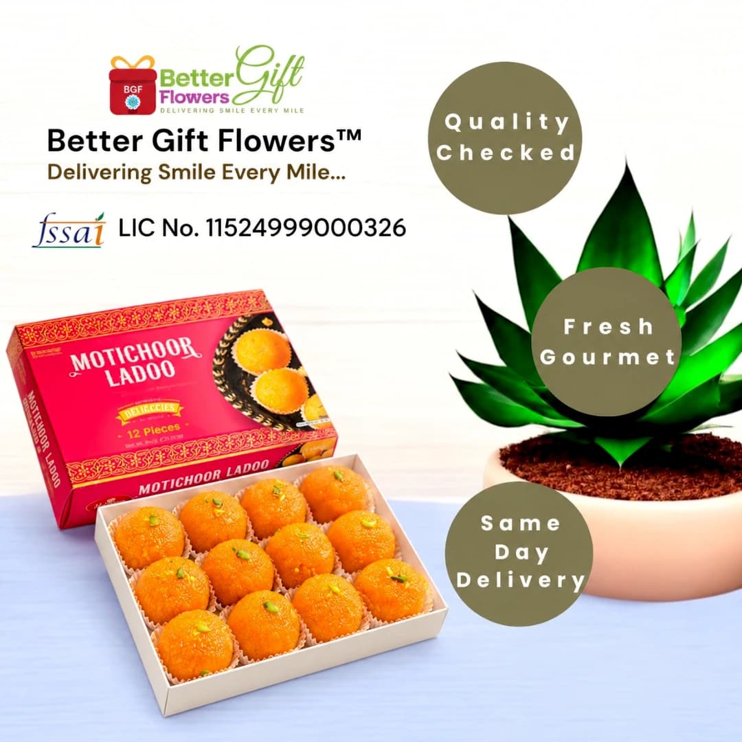 Box of 12 Motichoor Ladoos with product packaging displayed in a BetterGiftFlowers promotional setup.