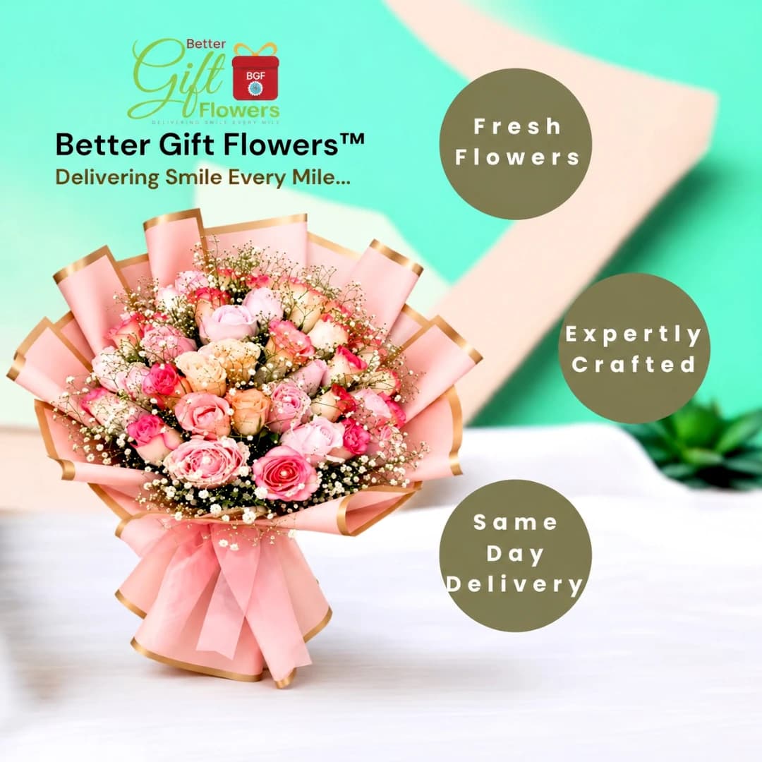 Pink and peach rose bouquet with white baby’s breath in decorative pink wrapping, featured in a same-day delivery promotional image.