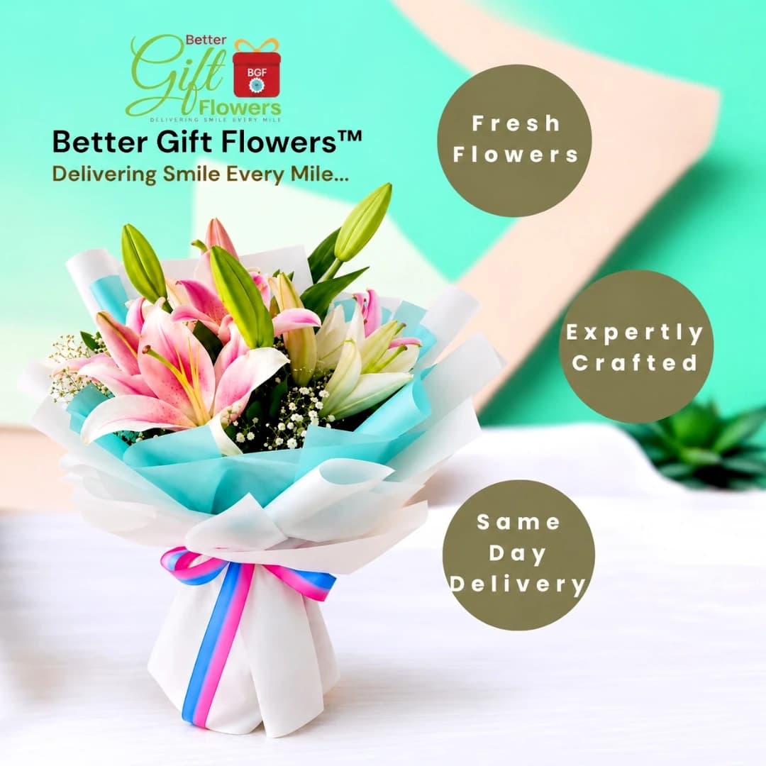Pink and white lily bouquet in turquoise and white wrapping featured in a BetterGiftFlowers same-day delivery promotional image.