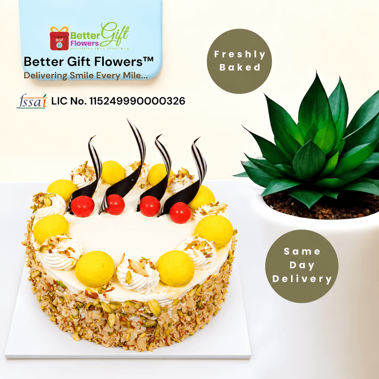 Kesar Rasmalai Almond Cake displayed in a promotional image highlighting freshness, hygiene and same-day delivery.