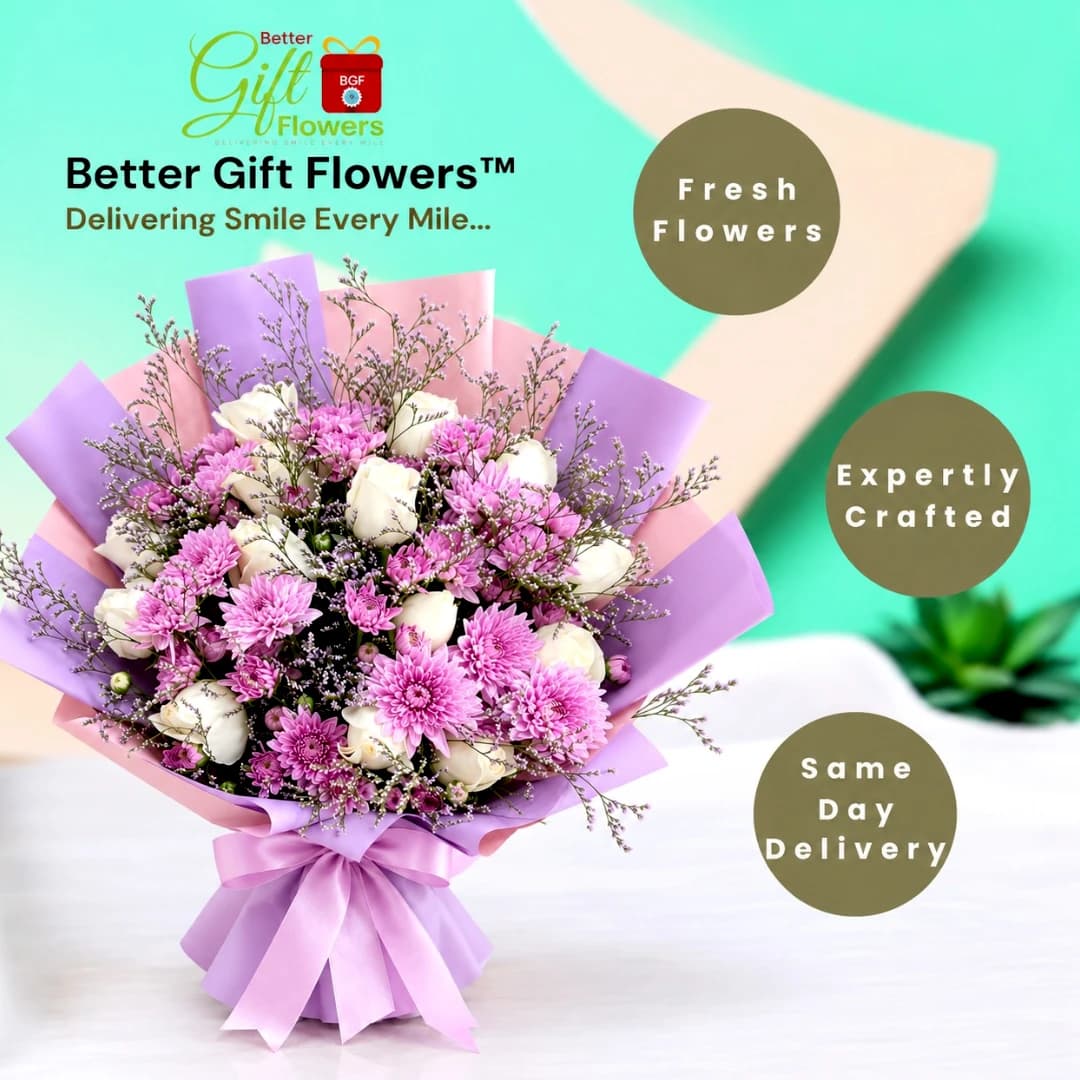 Purple chrysanthemum and white rose bouquet displayed in a BetterGiftFlowers same-day flower delivery promotional image.