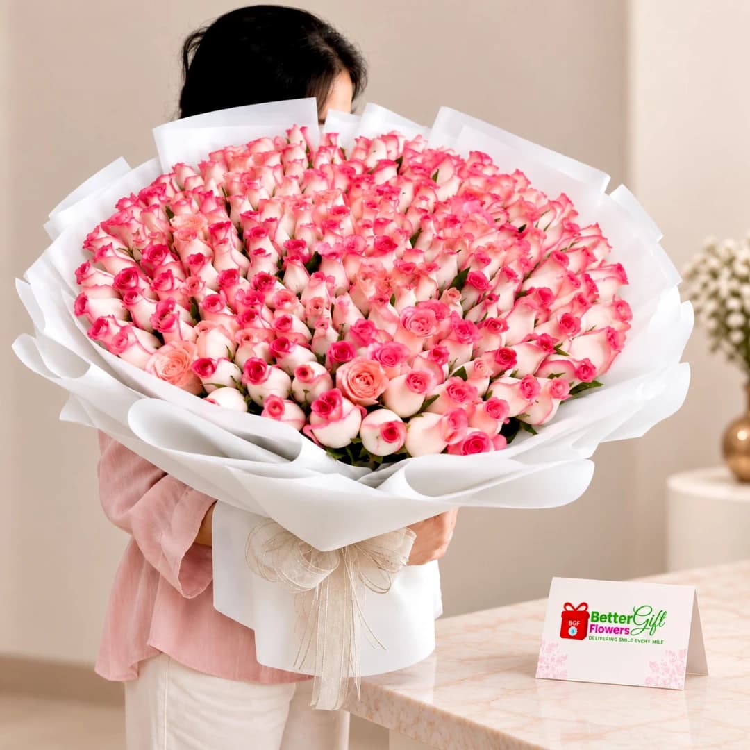 Person holding a grand bouquet of 200 pink roses wrapped in elegant white paper.